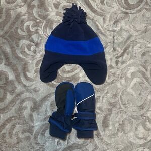 The Childrens Place Boys Navy Blue Fleece Trapper Hat and Mittens Set